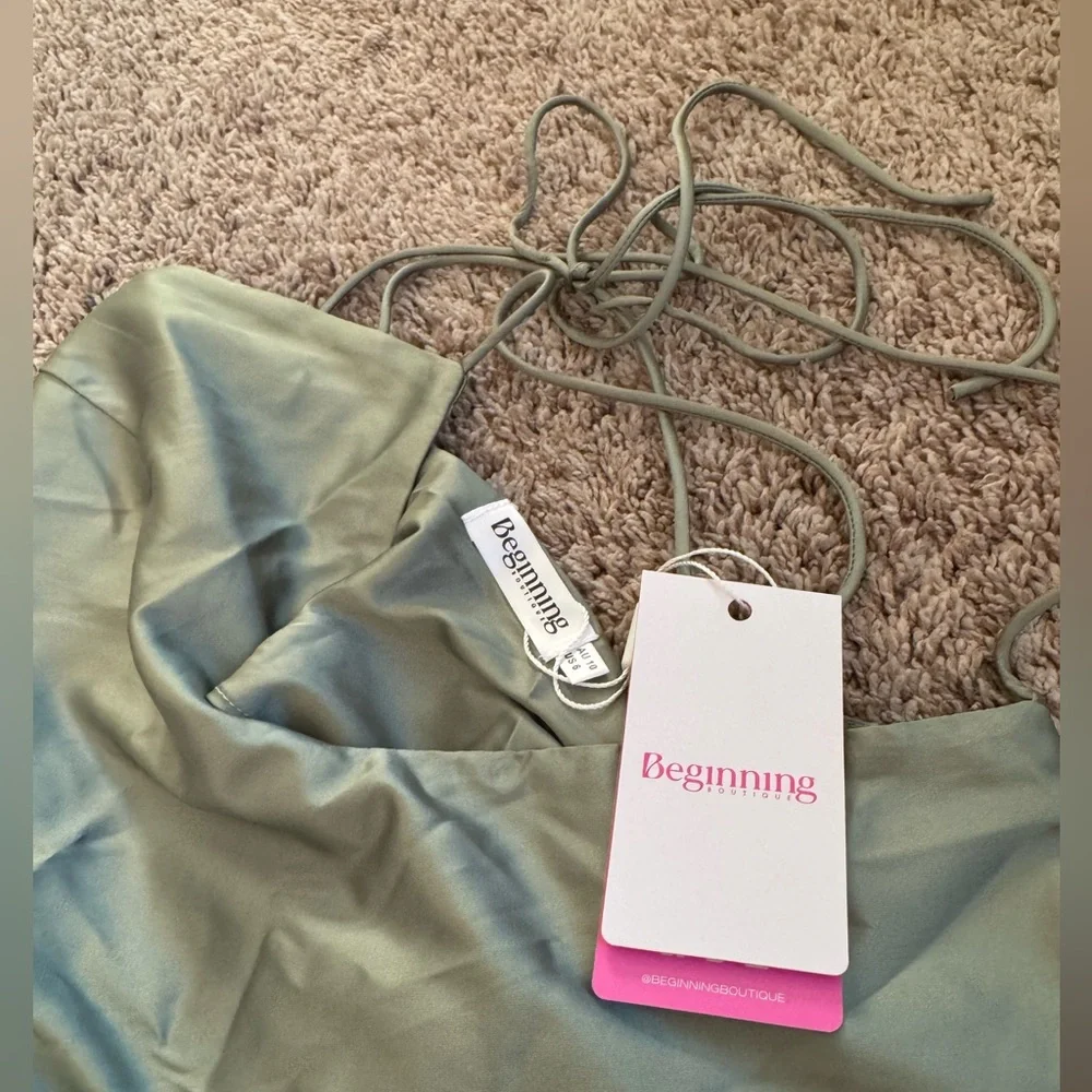 Beginning Boutique Green Maxi Slip Dress with Slit - Picture 4 of 6